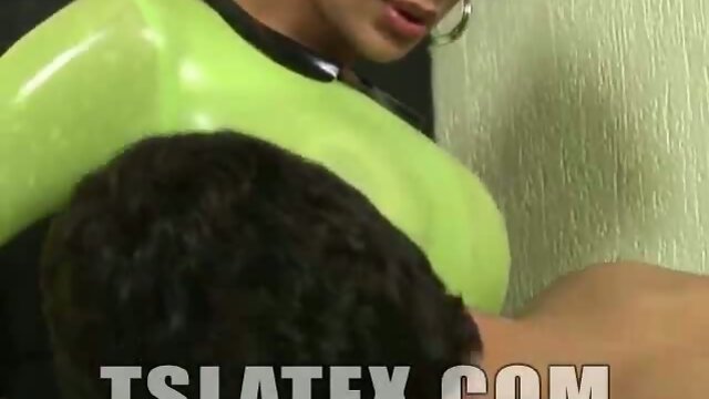 Latex dress on shemale top