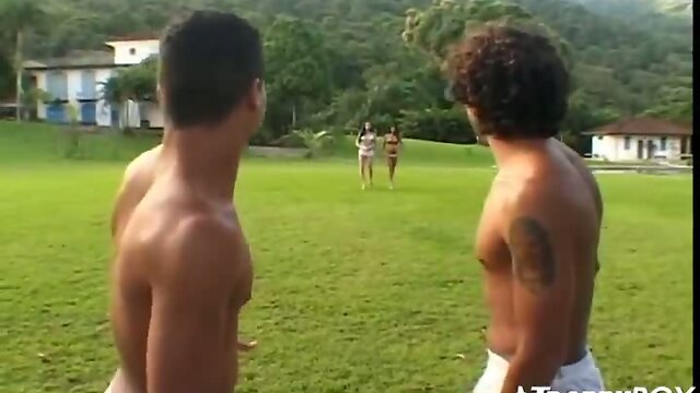 Foursome outdoors with hot oral