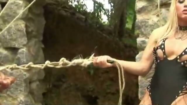 Shemales and their slave outdoors