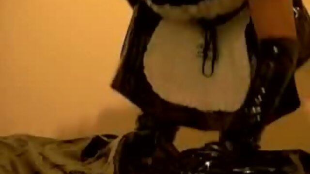 Sissy latex maid rides toy