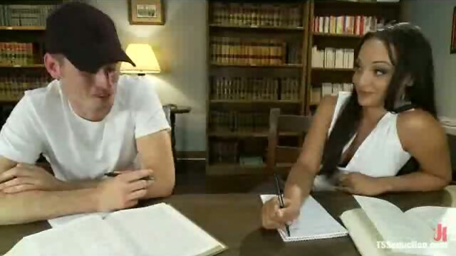 Shemale tutor sucks his cock