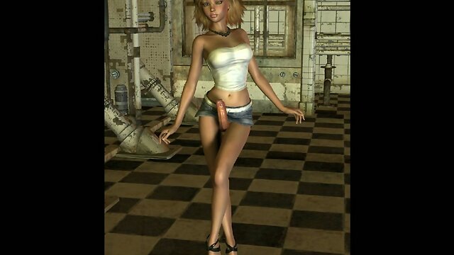 Blonde dickgirl in skirt