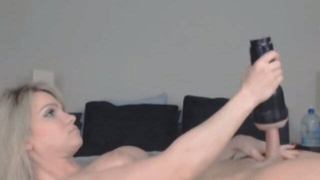 Busty Blonde Tranny Jerking her Dick