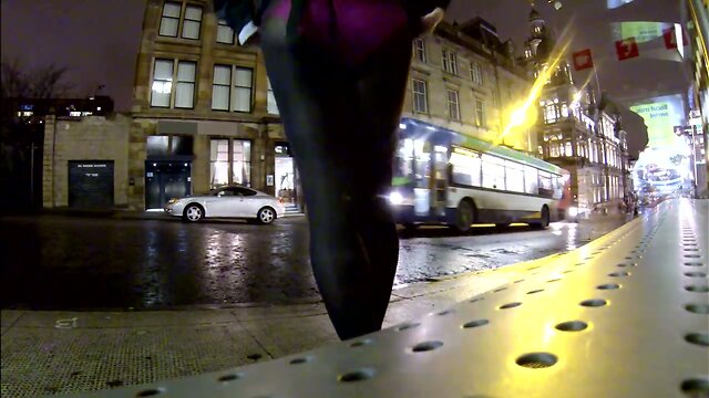 Waiting at bus stop in tights and panties exposed