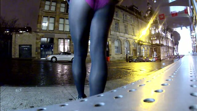 Waiting at bus stop in tights and panties exposed