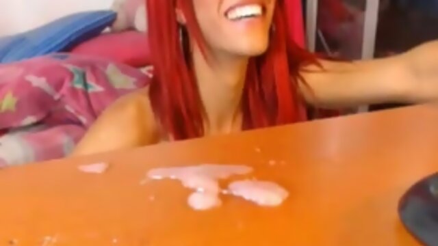 Hot latin shemale swallows own cum