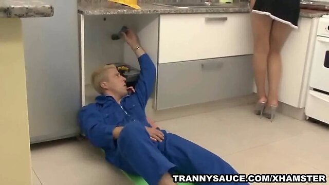 Sexy shemale maid  Maria sucking on a hard cock