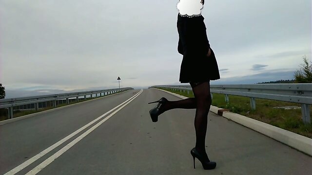 Outdoor crossdresser on public street - lingerie & heels