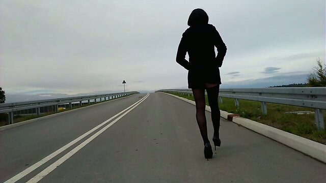 Outdoor crossdresser on public street - lingerie & heels