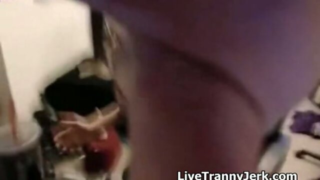 Young cute tranny rides machine and cums