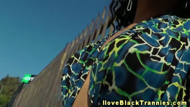 Ebony glamour tranny jerks pierced cock