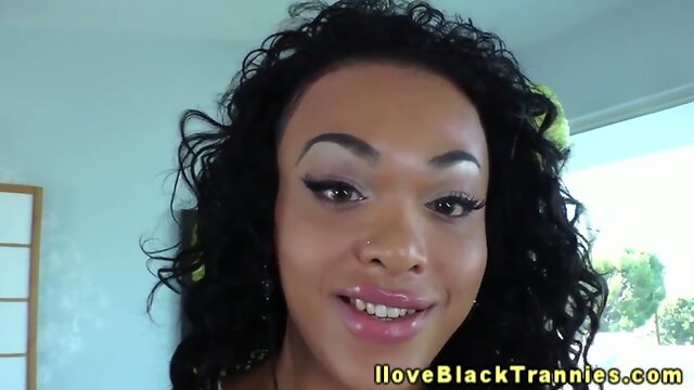 Ebony glamour tranny jerks pierced cock