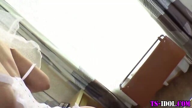 Lingerie tgirl gulps cum