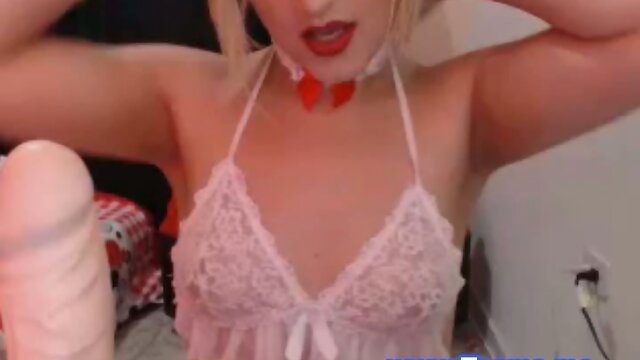 Hot Blonde Tranny Strips and Sucks her Sex Toy