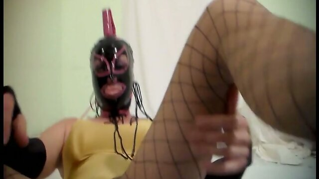 Masked tranny cums hands-free in her fancy pantyhose