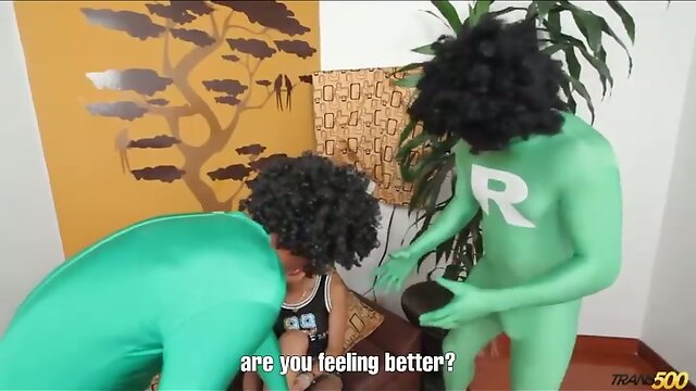 Tiny cute shemale suck and fuck two huge cocks