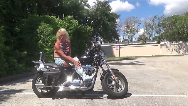 denim biker chick in chastity device