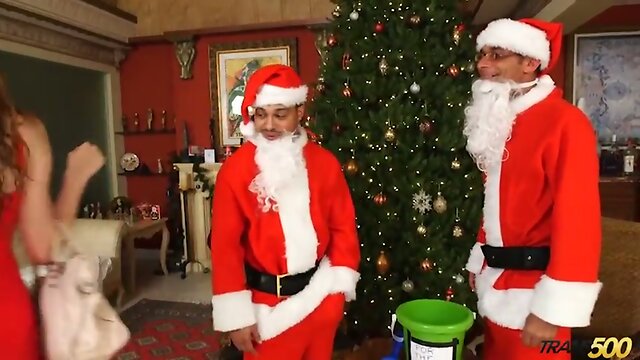 TGirl Kylie Maria suck and fuck two ebony Santas