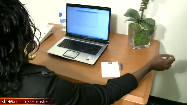 Black tranny with puffy nipples wanks off her thick shecock