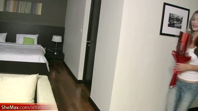 Long haired ladyboy in pink panties jerks off her big dick