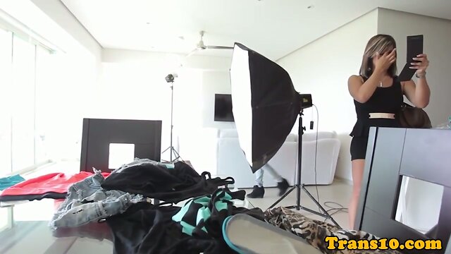 Tgirl with nipple tattoos tugging her cock