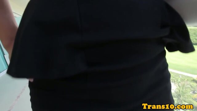 Tgirl with nipple tattoos tugging her cock