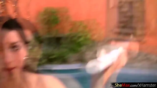 Shemale in pink lingerie shows big ass and milks monstercock