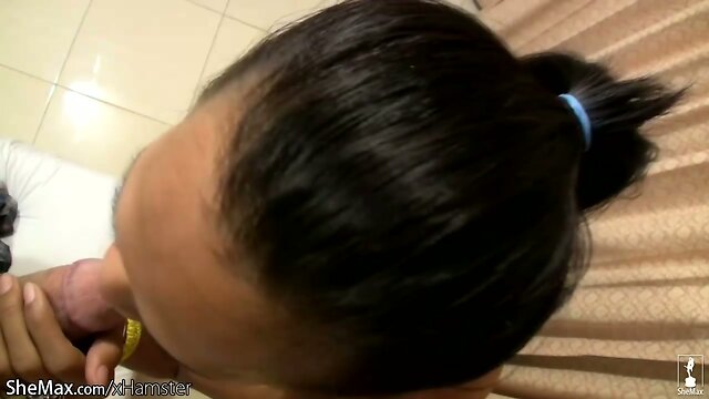 Oriental ladyboy plays with her tits while stroking shecock