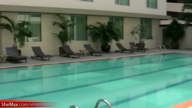 Busty ladyboy is sucking big cock after modeling at the pool