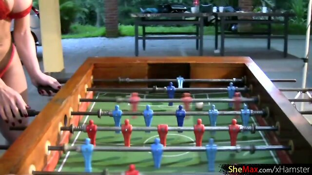 Four T-girls play foosball in lingerie and bang big asses