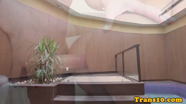 Tanlined latina tgirl doggystyled in twosome