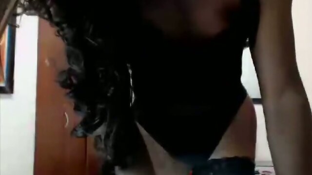 Ebony Shemale Plays with Her Big Black Cock