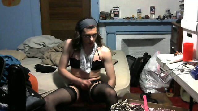 Femboy slut masturbating in gstring lingerie butt plug