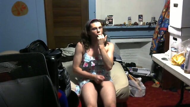 Femboy masturbating showing off in slutty dress butt plug