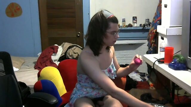 Femboy masturbating showing off in slutty dress butt plug