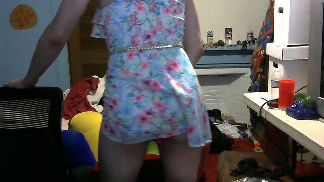 Femboy masturbating showing off in slutty dress butt plug