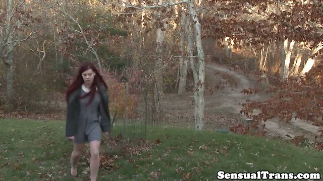 Redhead shemale sucks off bloke