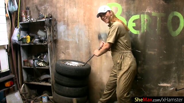 Alexia Firenze Strips Down in the Garage: Lovely Shemale Hard at Work!