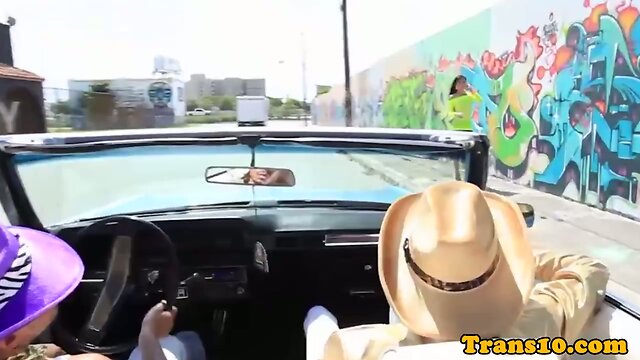 Gorgeous ladyboy spitroasted by black dudes