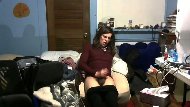 Femboy slut see through leggings pink thong self facial