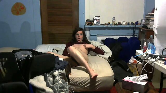 Femboy slut see through leggings pink thong self facial