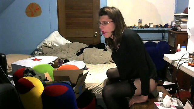 Femboy slut masturbating sitting on dildo ballgag