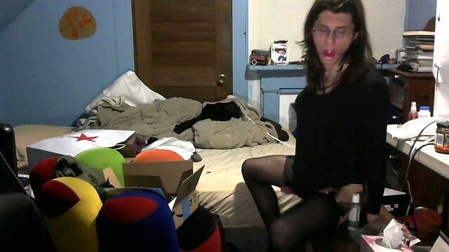 Femboy slut masturbating sitting on dildo ballgag