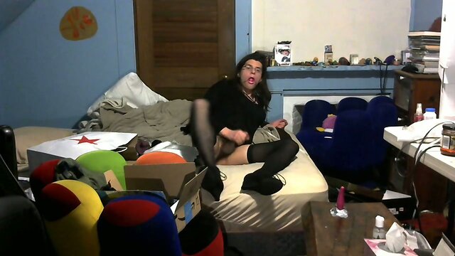 Femboy slut masturbating sitting on dildo ballgag