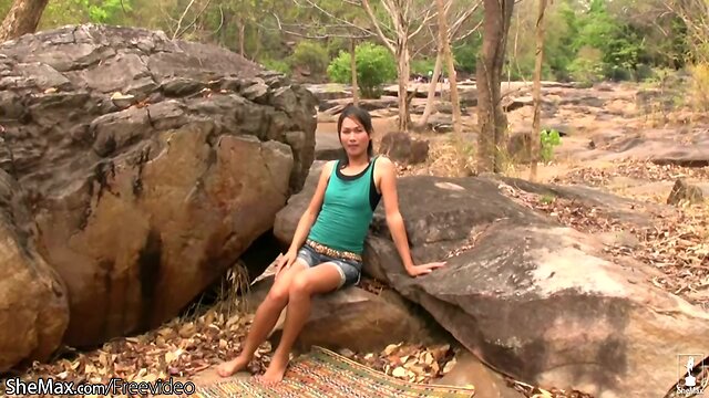 Ladyboy with tiny tits goes nude and jerks off till cumshot