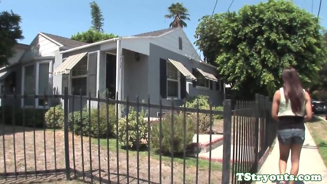 Smalltitted trans jerking her cock at casting