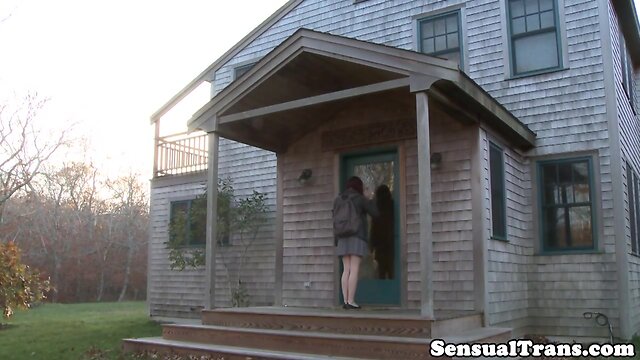 Young redhead tgirl jerks cock while rimmed