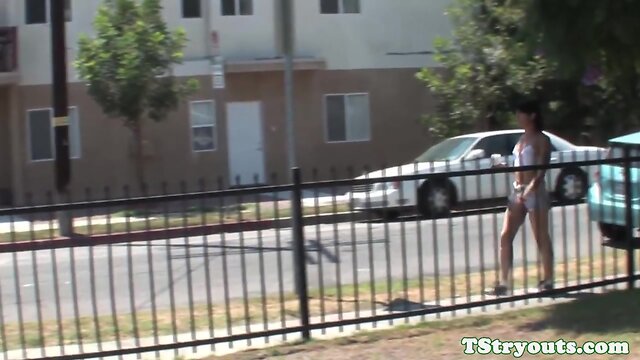 Casting tgirl beauty sucking and jerking cock