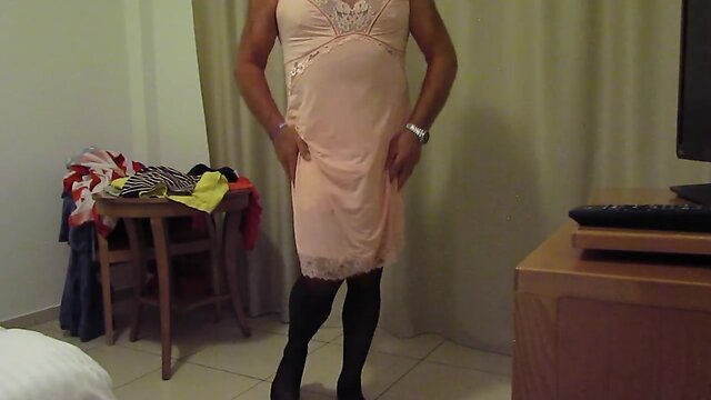 My M&S pink nylon slip and wife wanking me off