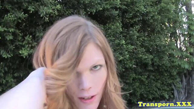 Amateur tgirl tugging her cock by the pool